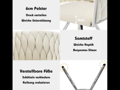 Juego de 6 sillas giratorias de terciopelo - 72 x 44 x 59 cm - Salón y dormitorio - Cuatro patas de metal plateado - Beige