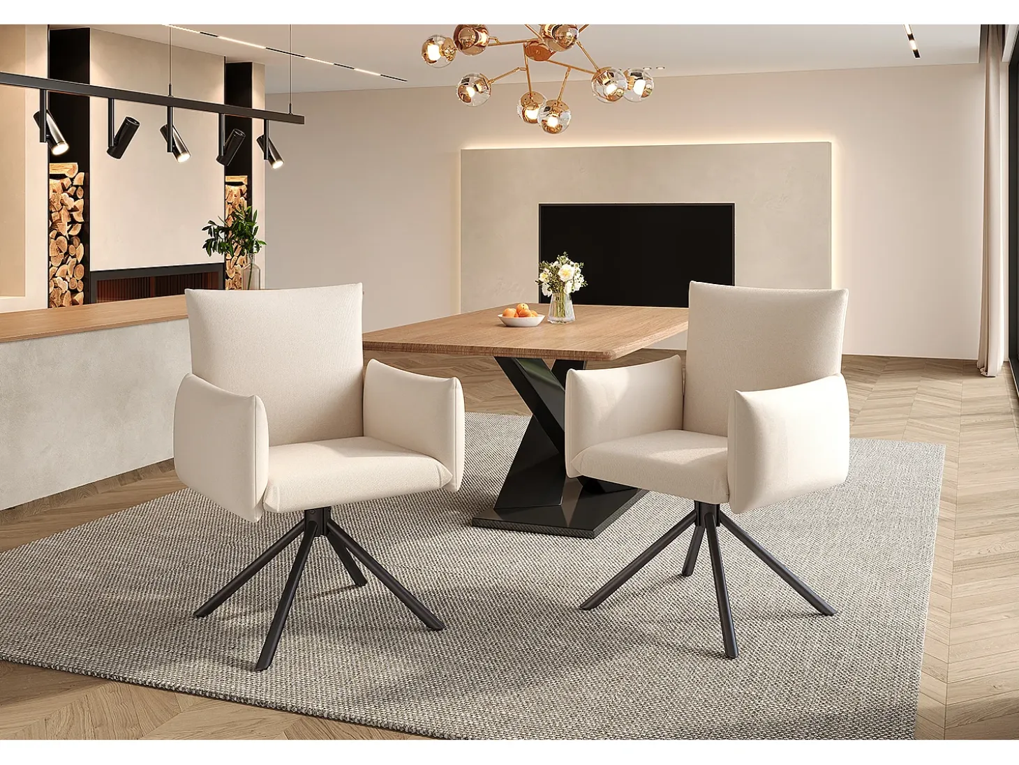 Juego de 2 sillones acolchados - Rotación 360° - con 4 patas metálicas - Lino - Beige