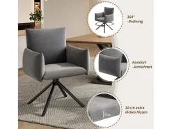 Juego de 4 sillones acolchados - Rotación 360° - con 4 patas metálicas - Terciopelo - Gris