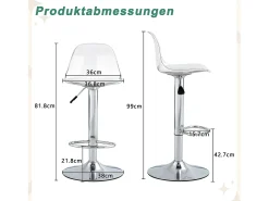 Juego de 2 taburetes de bar con respaldo transparente - Altura ajustable - Patas de metal plateado