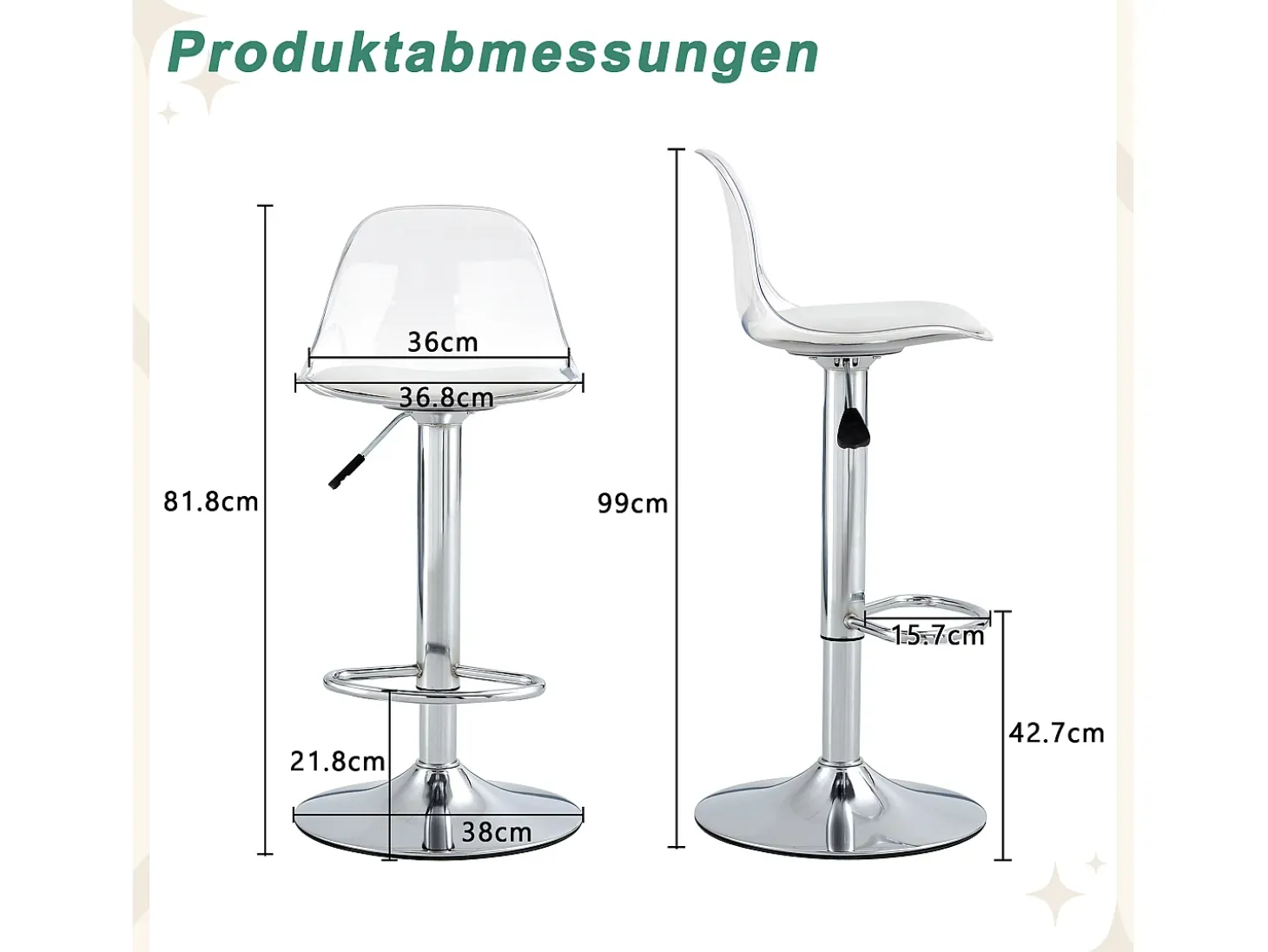 Juego de 2 taburetes de bar con respaldo transparente - Altura ajustable - Patas de metal plateado
