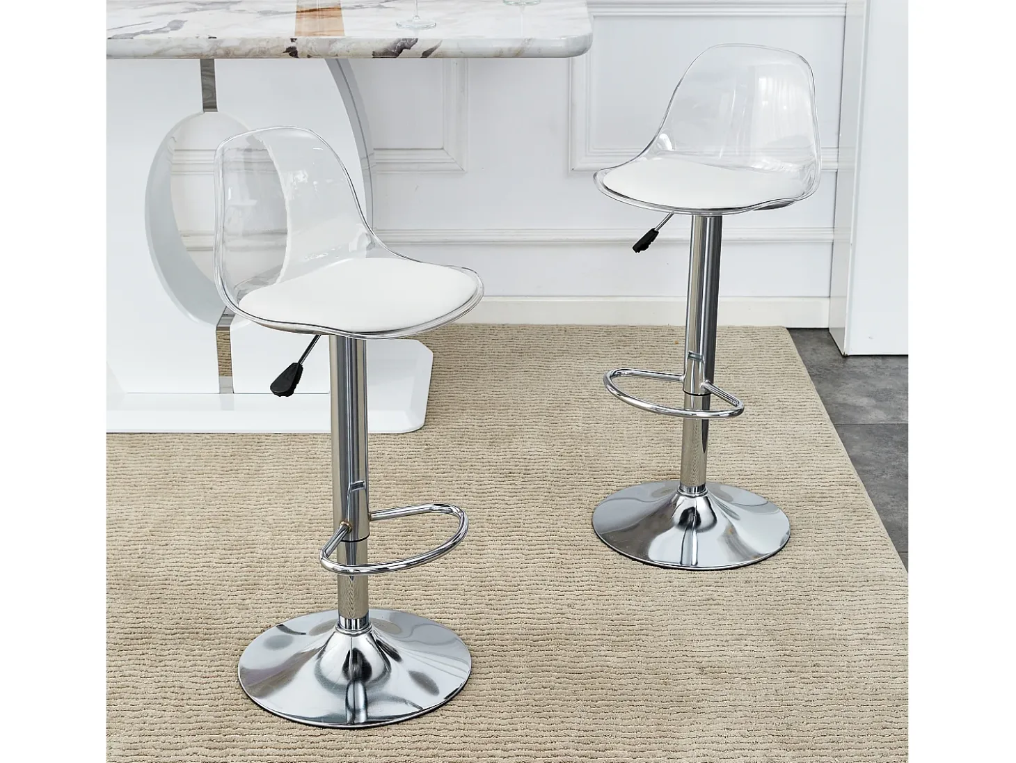 Juego de 2 taburetes de bar con respaldo transparente - Altura ajustable - Patas de metal plateado