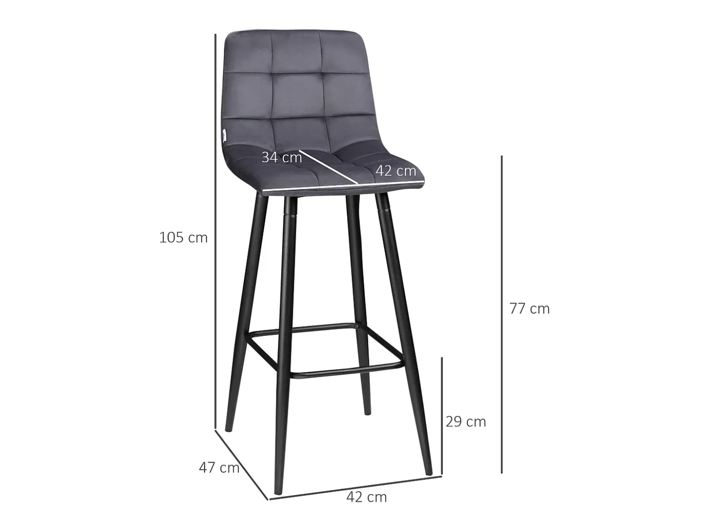 Juego de 2 taburetes de bar modernos, tapizado de terciopelo, patas de acero, pies antideslizantes, hasta 120 kg, 105 cm de alto, color gris