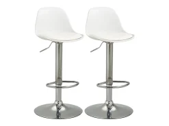 Juego de 2 taburetes de bar giratorios en piel sintética blanca, altura regulable, patas de metal plateado.