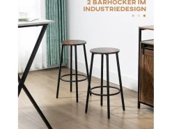 Juego de 2 taburetes de bar, diseño industrial, metal y madera, patas de acero, marrón (42 x 42 x 65 cm)