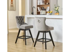 Juego de 2 taburetes de bar giratorios en terciopelo - Patas de madera - Gris