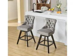 Juego de 2 taburetes de bar giratorios en terciopelo - Patas de madera - Gris
