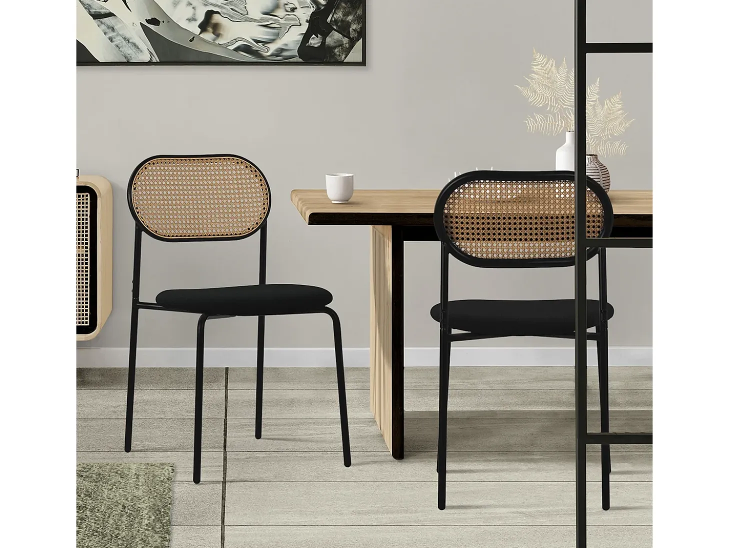 Juego de 2x Sillas de comedor/salón tapizadas negro asiento con respaldo curvado