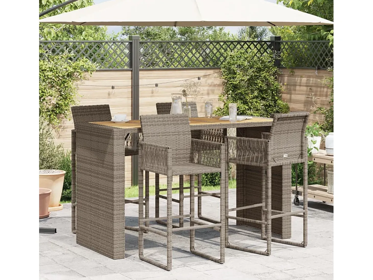 Karaca Mesa alta jardín superficie madera ratán PE gris 185x80x110 cm