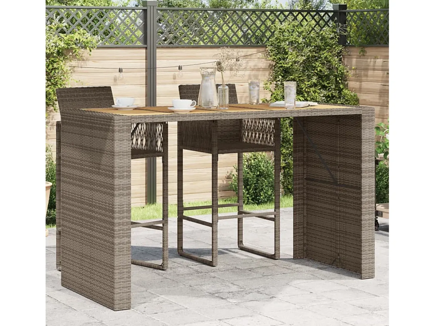 Karaca Mesa alta jardín superficie madera ratán PE gris 185x80x110 cm