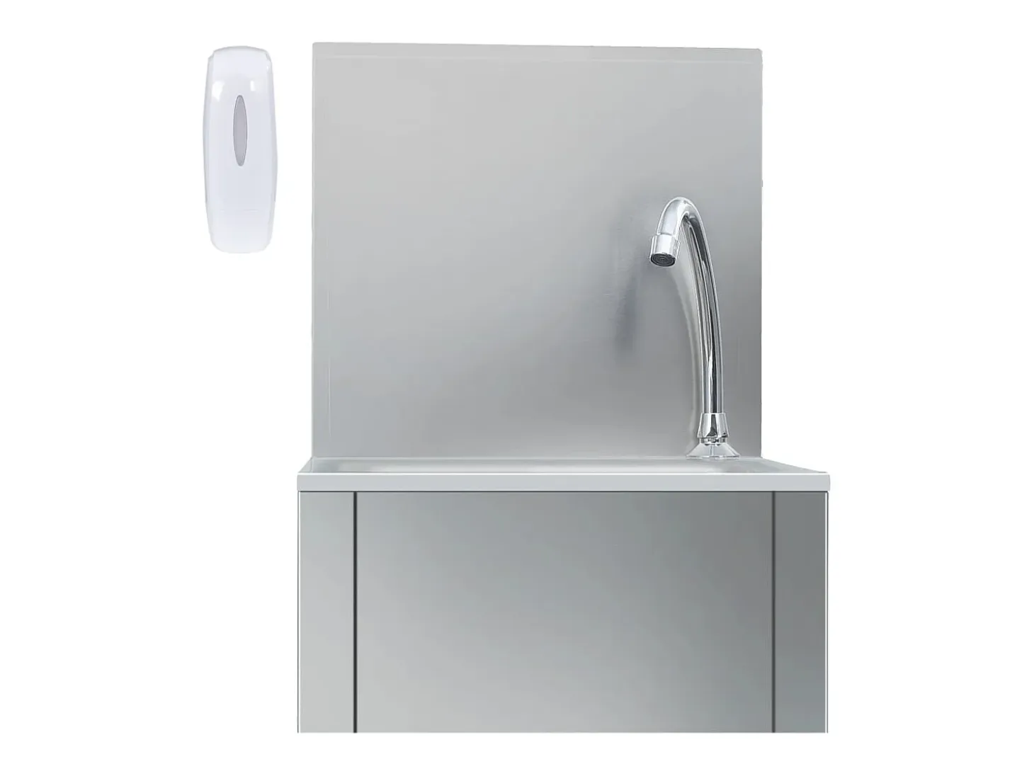 Lavabo de acero inoxidable con grifo y dispensador de jabón.