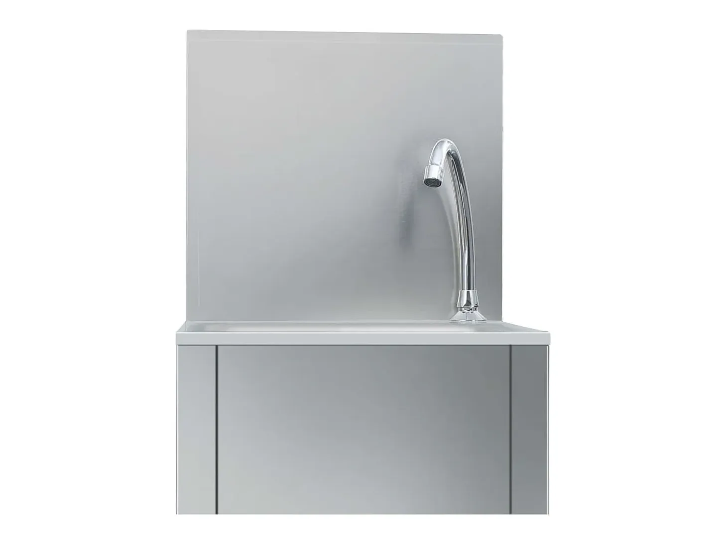 Lavabo de acero inoxidable con grifo y dispensador de jabón.