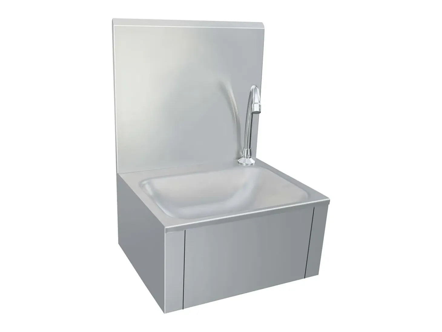 Lavabo de acero inoxidable con grifo y dispensador de jabón.