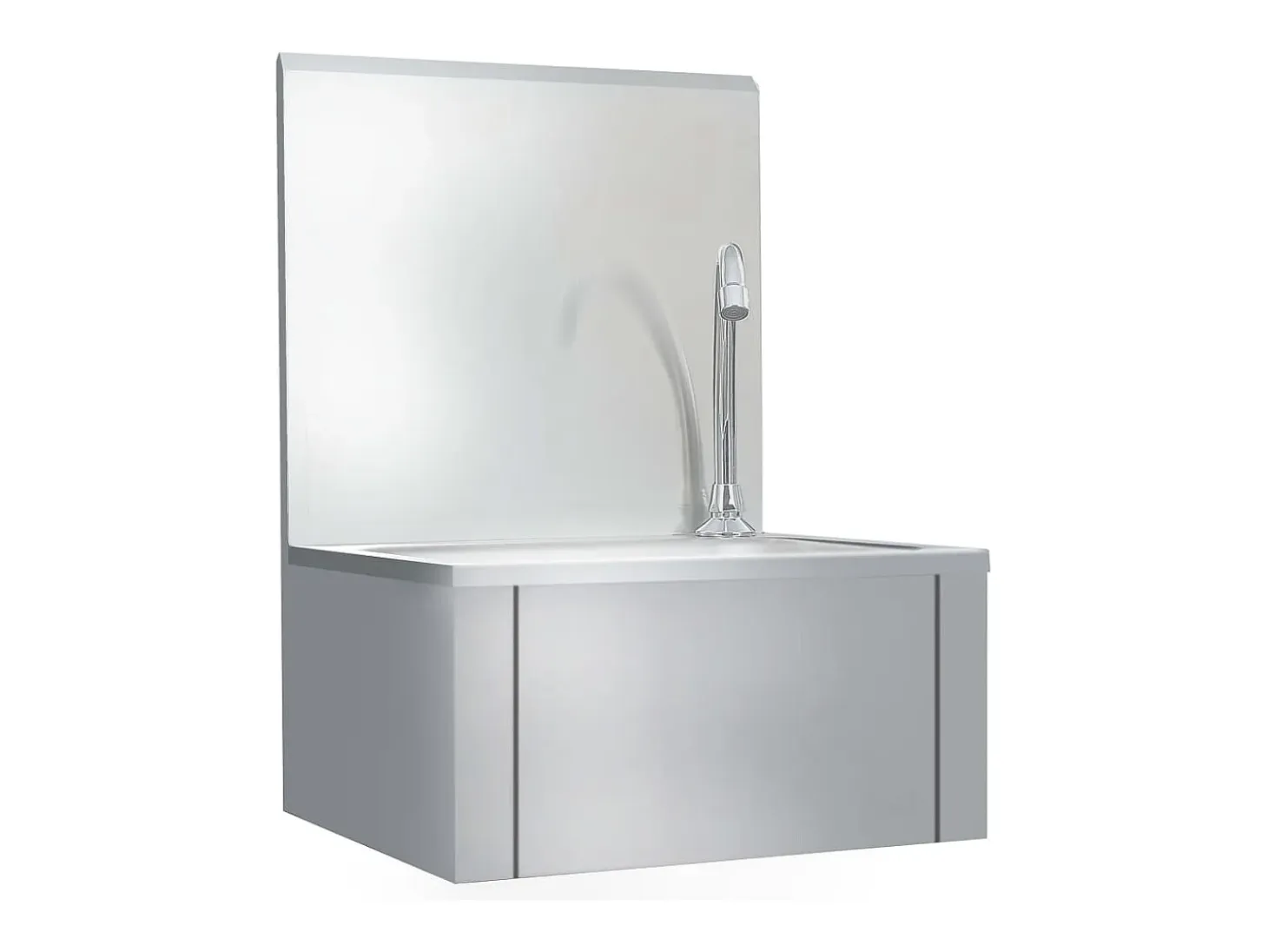 Lavabo de acero inoxidable con grifo y dispensador de jabón.