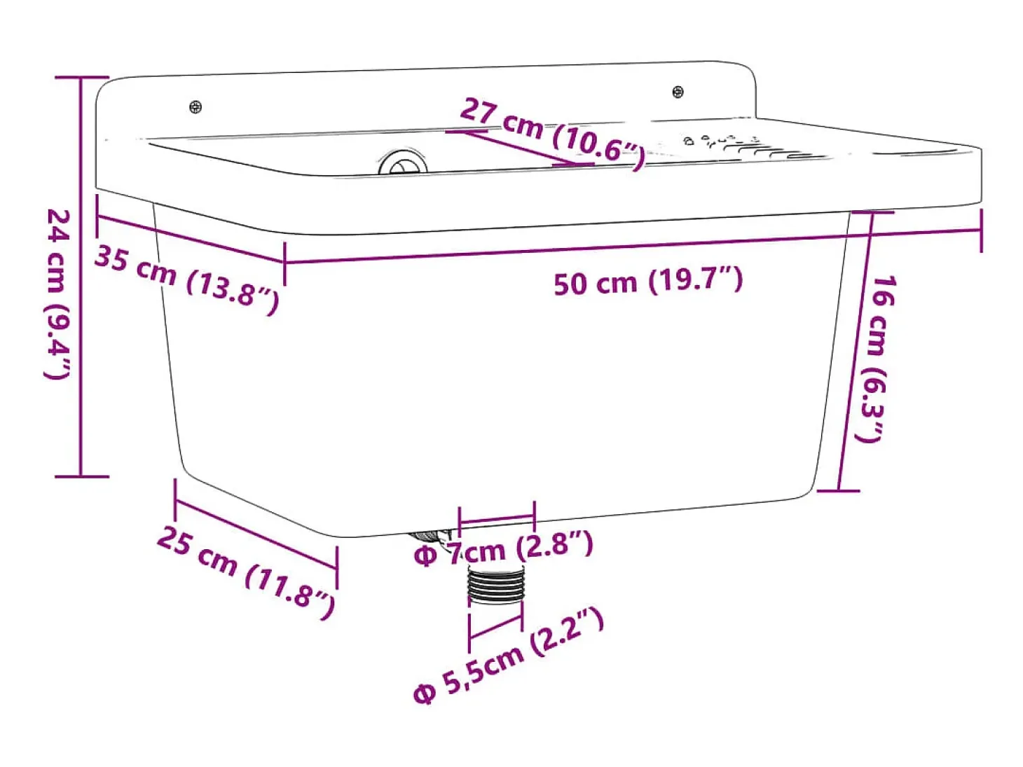 Lavabo de pared, gris, 50x35x24 cm, resina