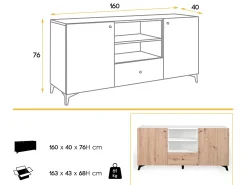 Lazeto Aparador de 2 puertas y 1 cajón en roble claro y madera blanca, 180 cm