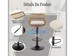 Lote de 2 Bancos Altos – Asiento de Lino Beige – Base Metálica Marrón – Diseño de Mimbre – Confort Óptimo