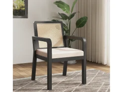 Lote de 6 sillas de comedor - cojín de asiento de terciopelo - con respaldo de ratán y patas de madera de hevea - Negro