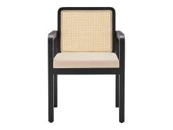 Lote de 6 sillas de comedor - cojín de asiento de terciopelo - con respaldo de ratán y patas de madera de hevea - Negro