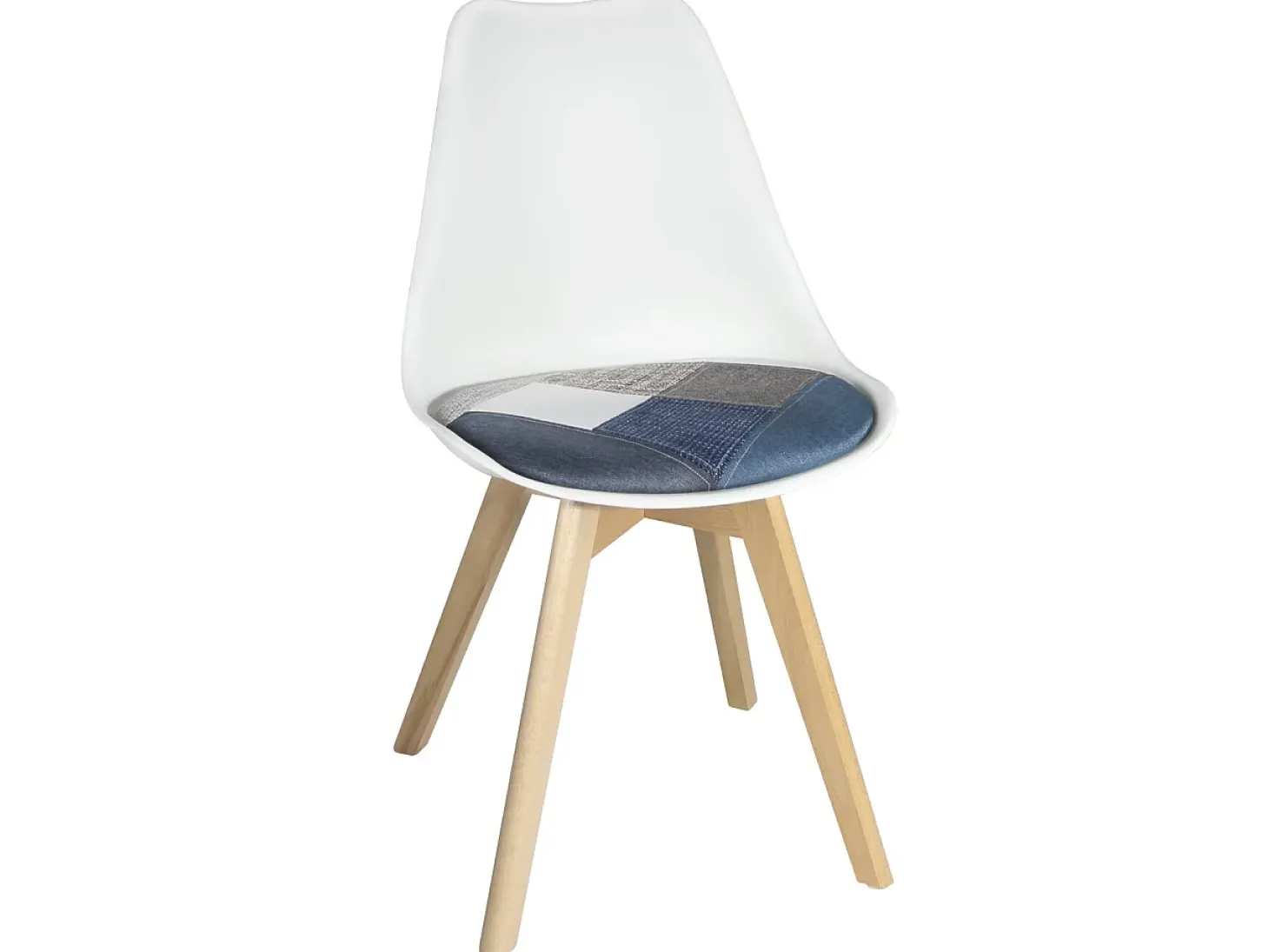 Lote de 2 sillas escandinavas, cojín de tela patchwork multicolor acolchado, asiento de plástico flexible, patas de madera LAO (azul)