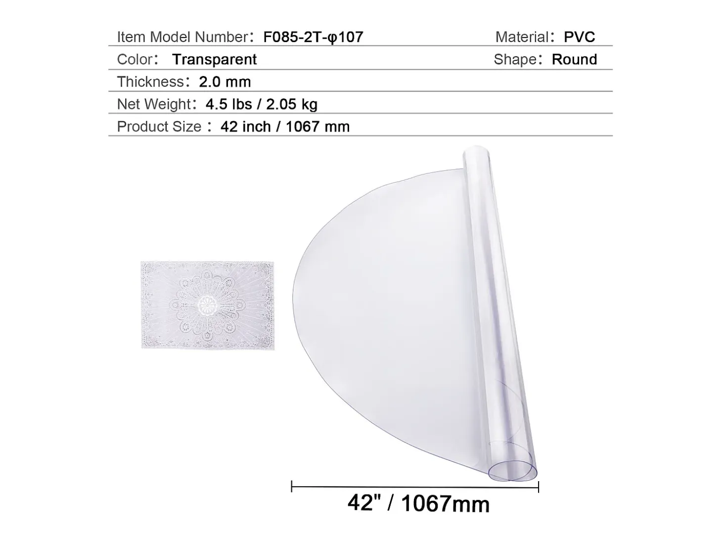 Mantel Transparente SucceBuy Protector de Mesa de PVC de 106 cm, Almohadilla de Escritorio Redonda de Plástico Transparente, 2 mm de Grosor