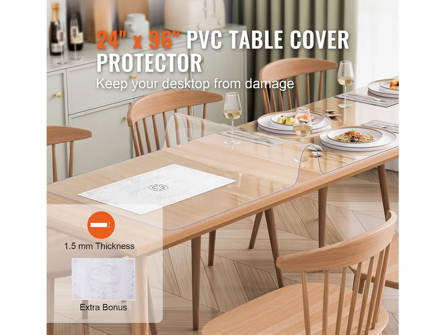 Mantel Transparente SucceBuy Protector de Mesa de PVC de 61 x 243 cm, Tapete de Escritorio de Plástico Transparente, 1.5 mm de Grosor