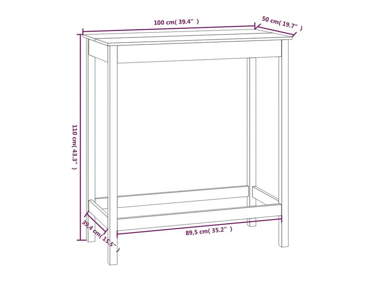 Mesa alta de bar madera maciza de pino blanco 100x50x110 cm
