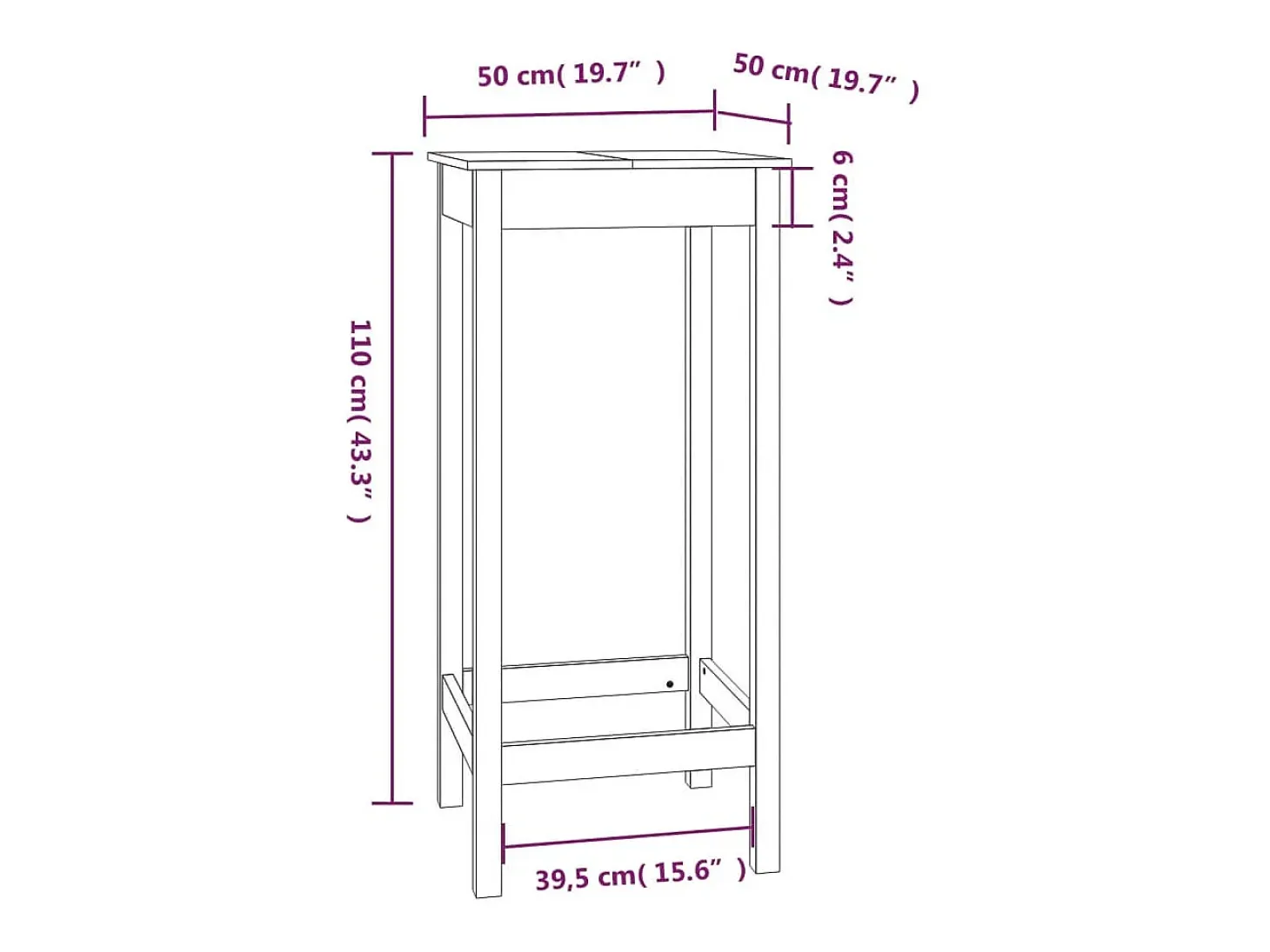 Mesa alta de bar madera maciza de pino 50x50x110 cm
