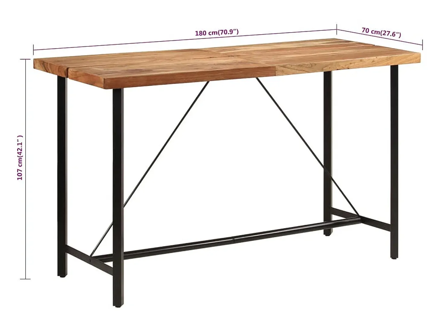Mesa alta de hierro y madera maciza de acacia 180x70x107 cm