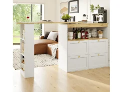 Mesa alta giratoria 360°, con 4 cajones y estantes abiertos, diseño moderno, MDF, blanco (105x39x102 cm)