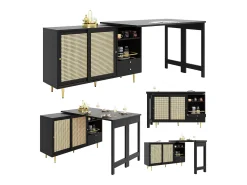 Mesa alta pivotante 360° con rango, mesa extensible con puertas en rotin, étagère ouverte, en MDF, negro (107x40x71,4 cm)