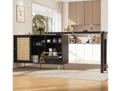 Mesa alta pivotante 360° con rango, mesa extensible con puertas en rotin, étagère ouverte, en MDF, negro (107x40x71,4 cm)
