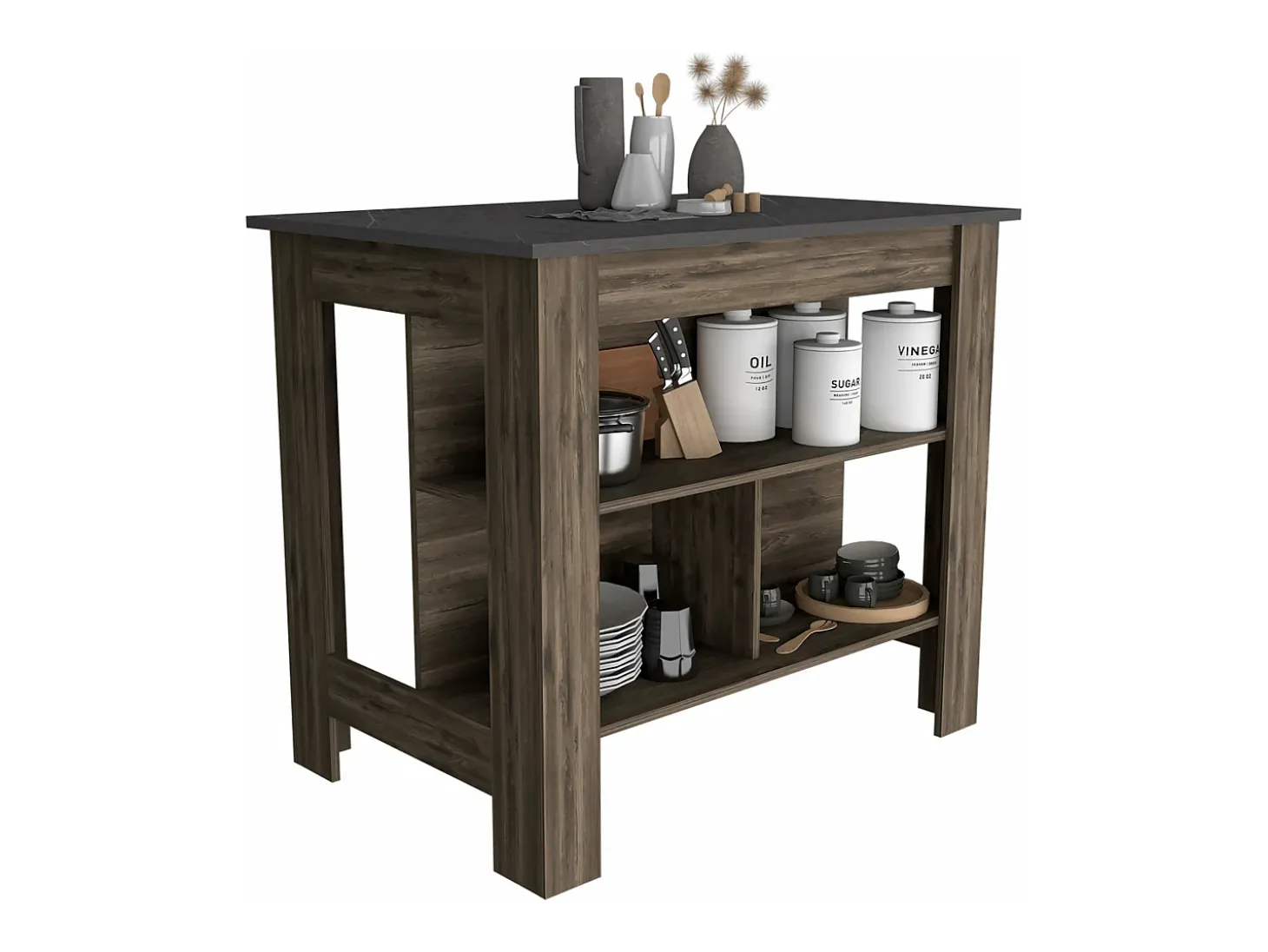 Mesa Auxiliar de cocina Cala en melamina con 3 estantes , 89.91 cm X 102.8 cm X 69.85 cm , Marrón
