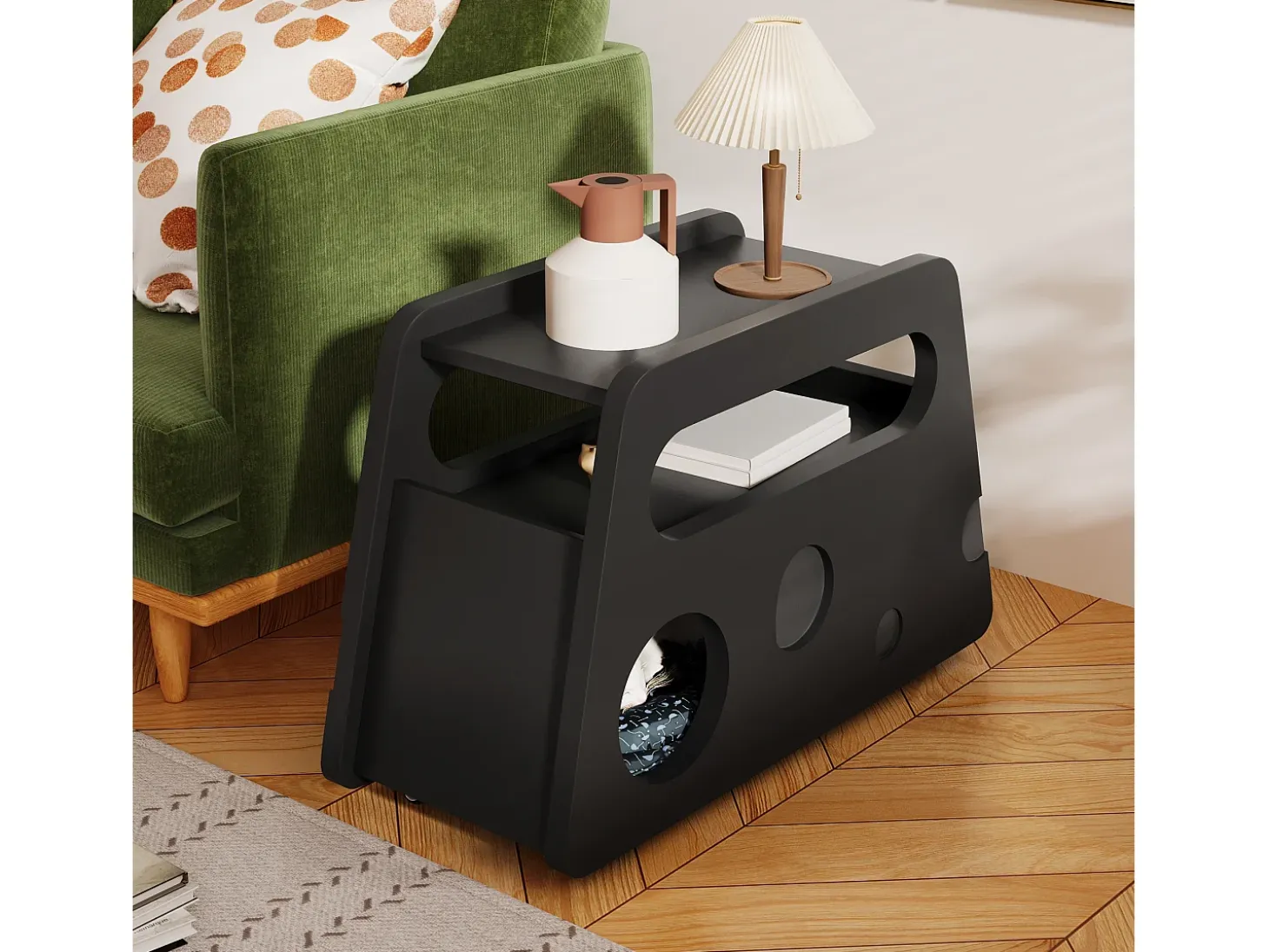 Mesa auxiliar moderna con ruedas, diseño seguro y funcional, Negro, MDF, (81x33x51,5 cm)