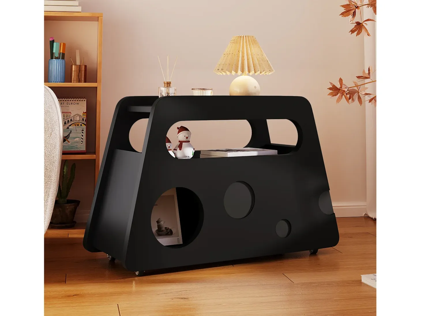Mesa auxiliar moderna con ruedas, diseño seguro y funcional, Negro, MDF, (81x33x51,5 cm)