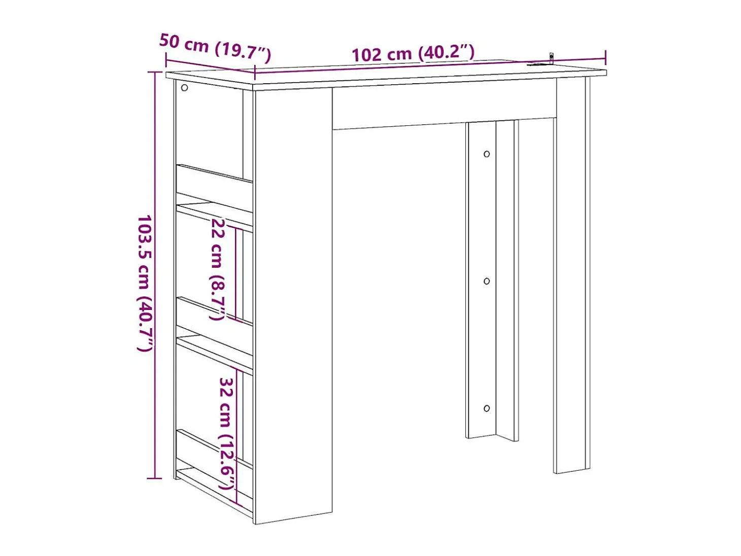 Mesa bar con estante almacenaje envejecida 102x50x103,5 cm