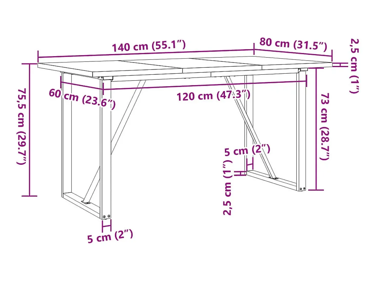 Mesa comedor marco O madera maciza pino y hierro 140x80x75,5 cm