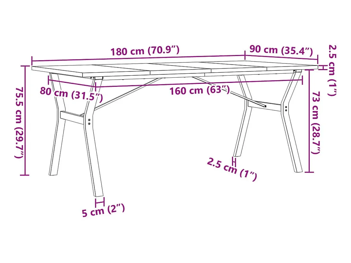 Mesa comedor marco Y madera maciza pino y hierro 180x90x75,5 cm
