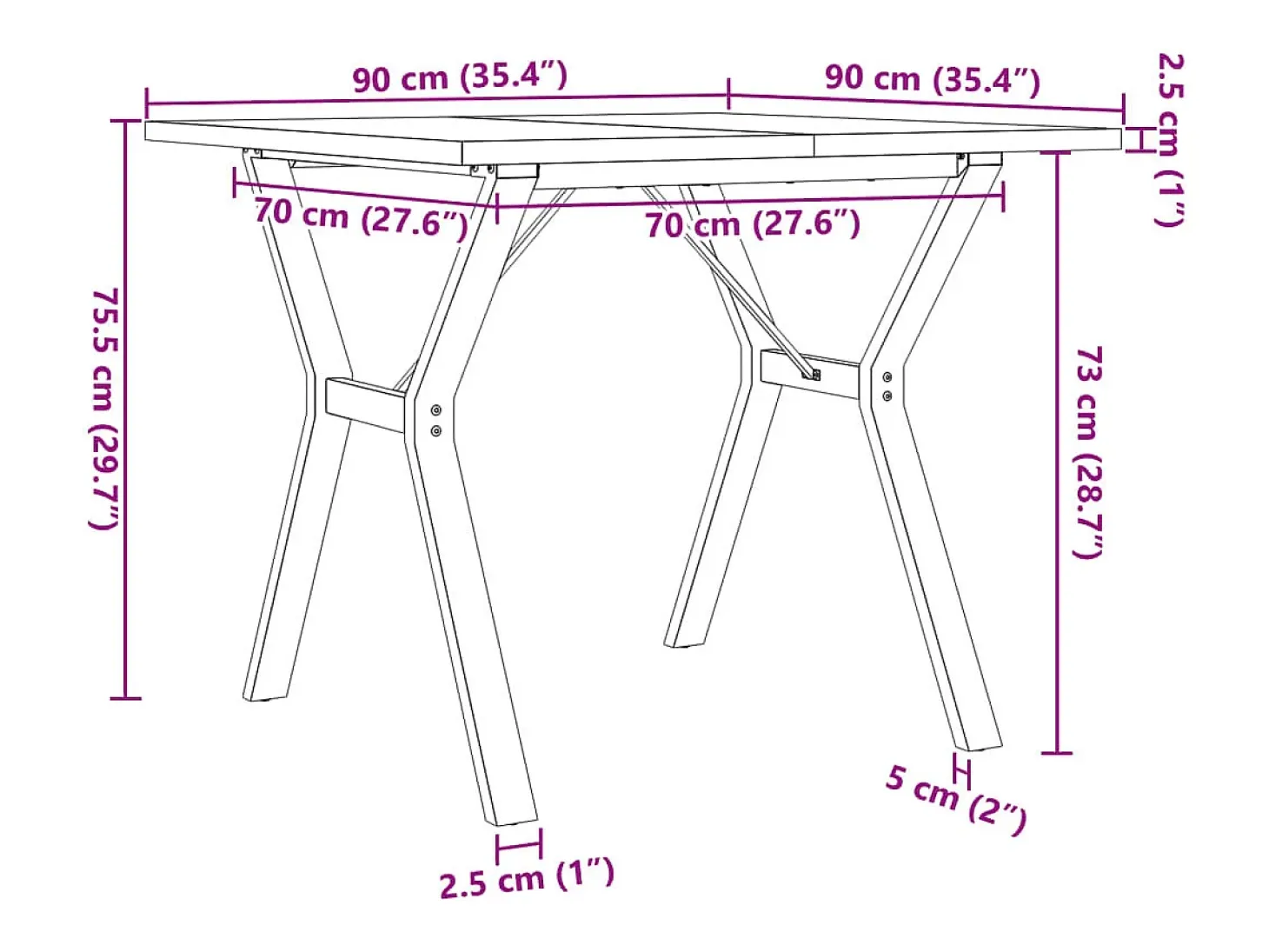 Mesa comedor marco Y madera maciza pino y hierro 90x90x75,5 cm