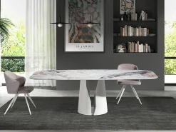 Mesa comedor ovalada barril mármol porcelánico y acero blanco 1135 ANGEL CERDA