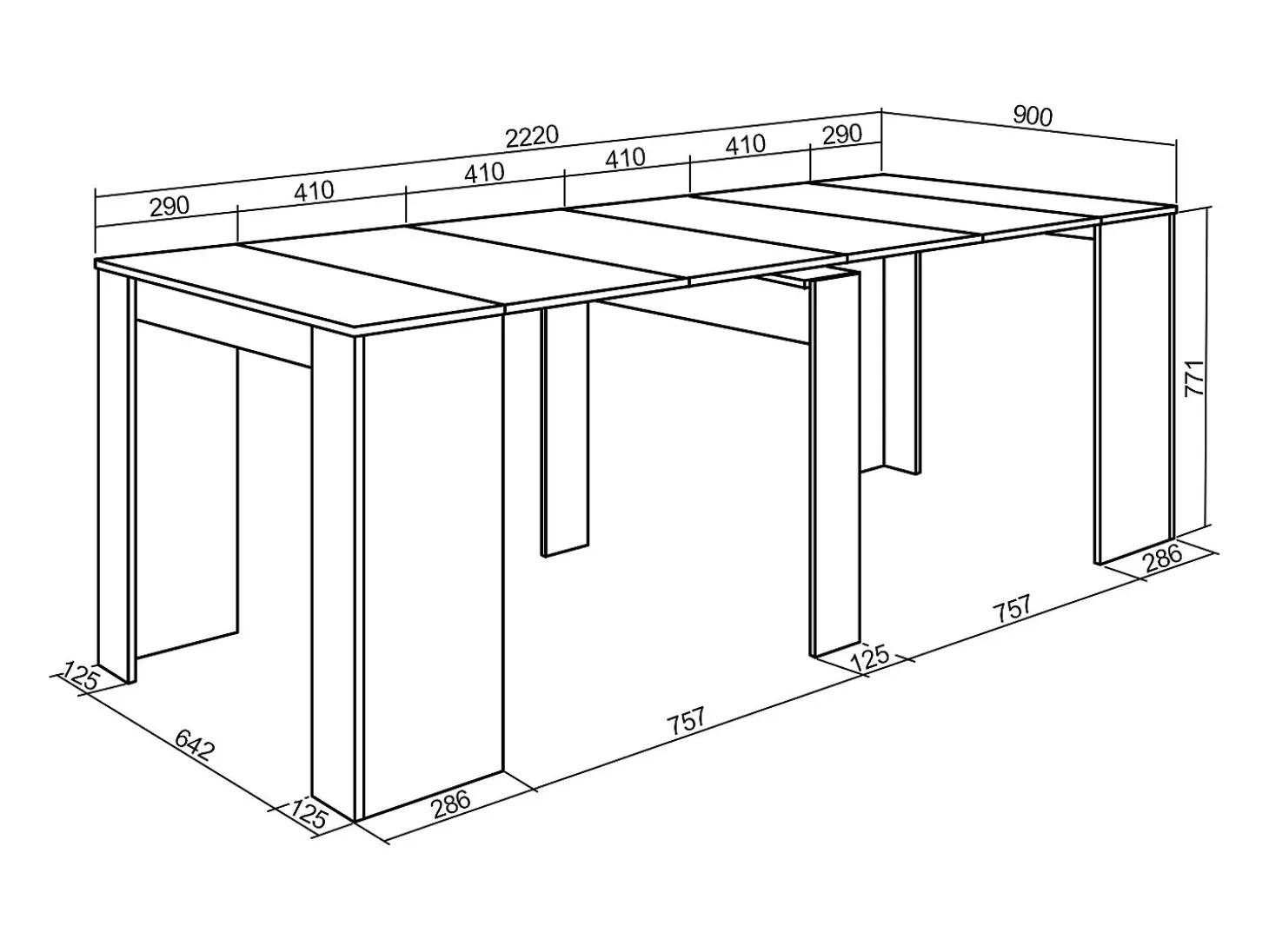 Mesa Consola extensible, 222x90x77cm, Para 10 comensales, Comedor y cocina, Negro