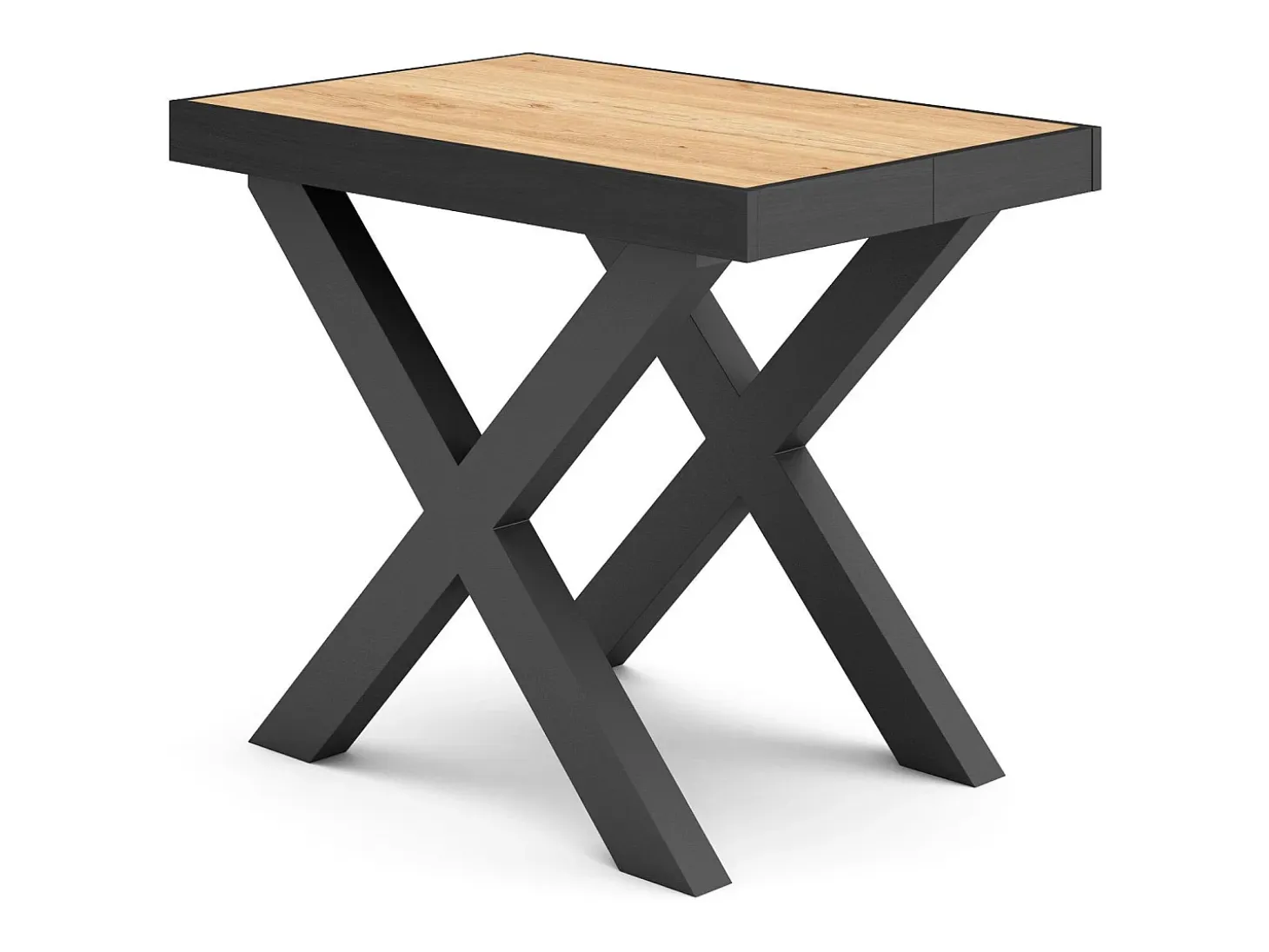 Mesa Consola extensible, 160x90x73cm, Para 8 comensales, Patas madera maciza, Roble y negro