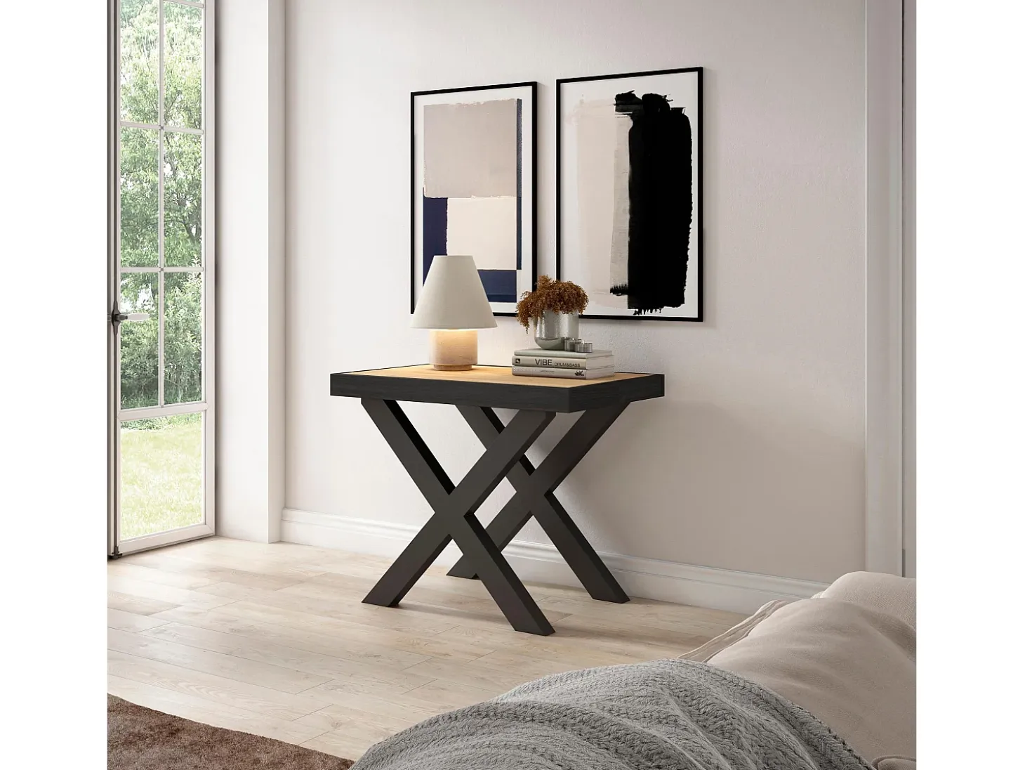 Mesa Consola extensible, 160x90x73cm, Para 8 comensales, Patas madera maciza, Roble y negro