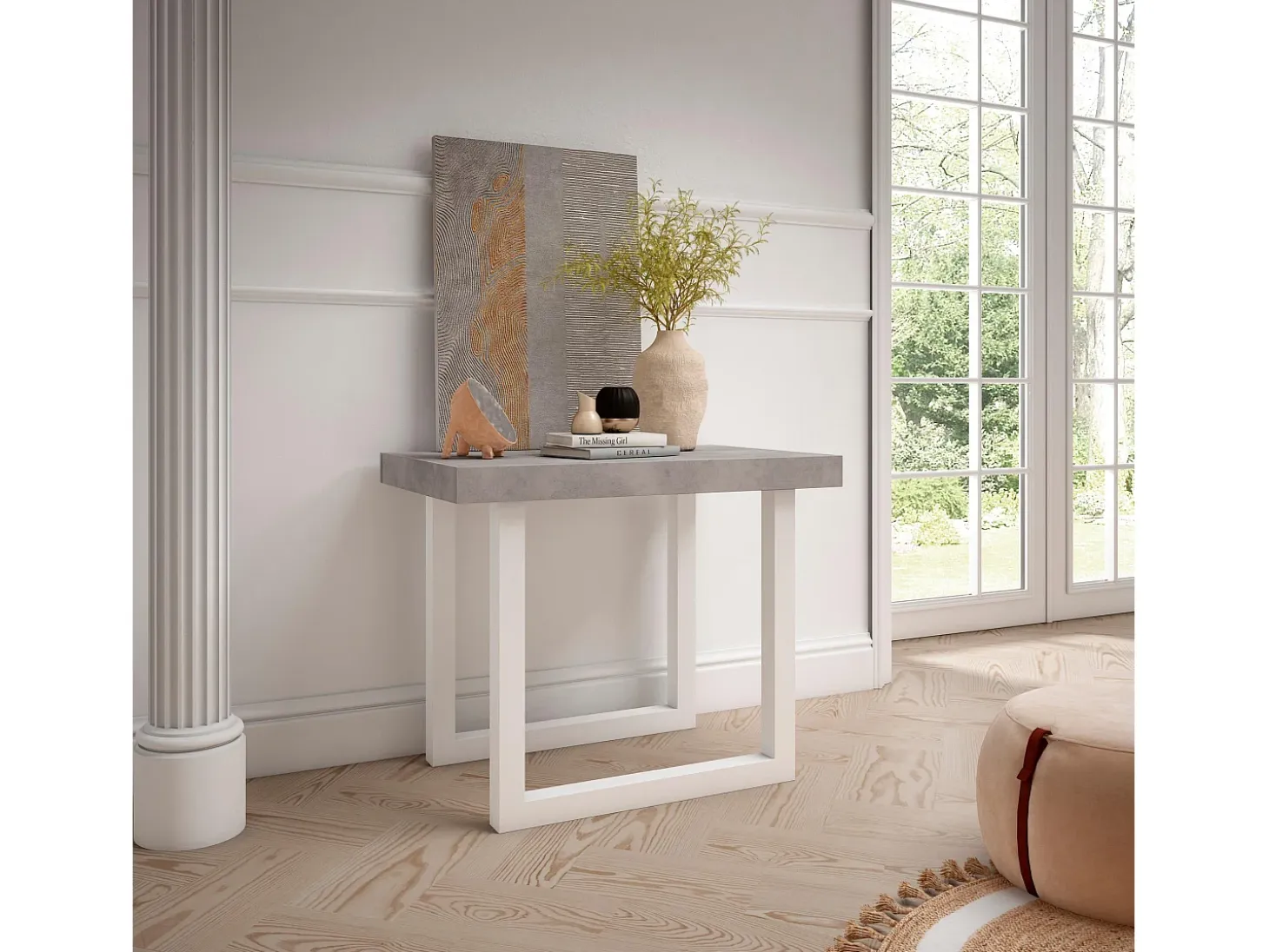 Mesa Consola extensible, 160x90x73cm, Para 8 comensales, Patas madera maciza, Blanco y Cemento