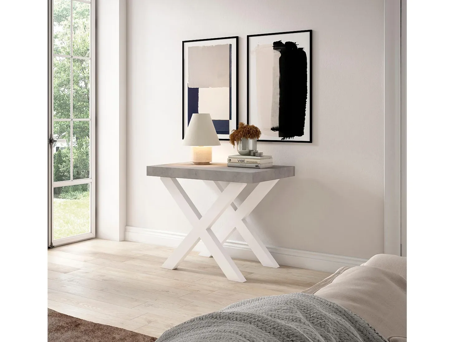 Mesa Consola extensible, 140x90x73cm, Para 6 comensales, Patas madera maciza, Blanco y Cemento
