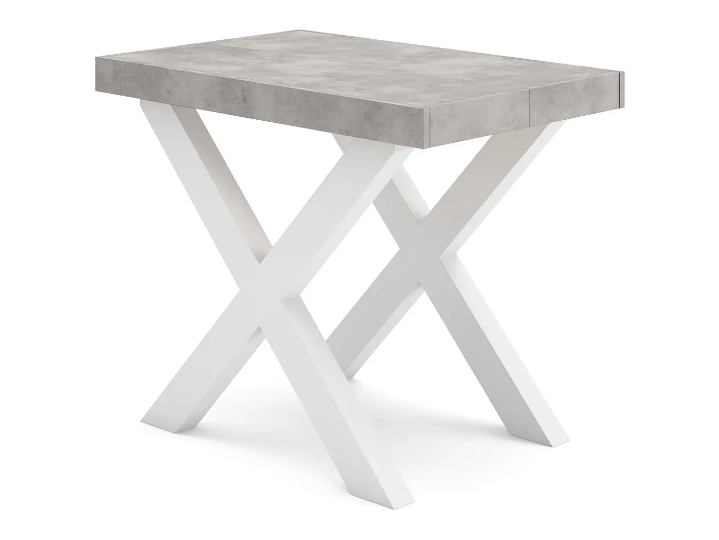 Mesa Consola extensible, 140x90x73cm, Para 6 comensales, Patas madera maciza, Blanco y Cemento