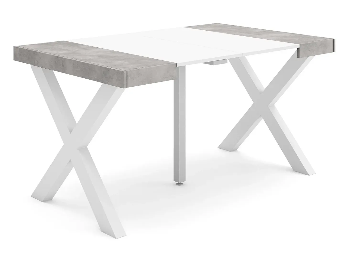 Mesa Consola extensible, 140x90x73cm, Para 6 comensales, Patas madera maciza, Blanco y Cemento