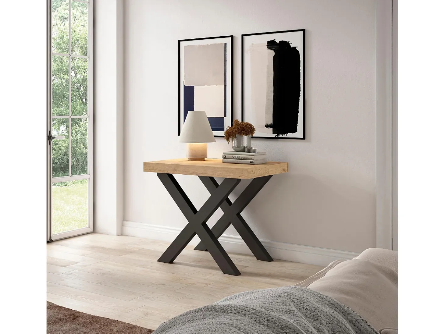 Mesa Consola extensible, 160x90x73cm, Para 8 comensales, Patas madera maciza, Roble