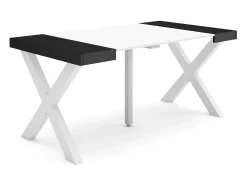 Mesa Consola extensible, 160x90x73cm, Para 8 comensales, Patas madera maciza, Blanco y negro
