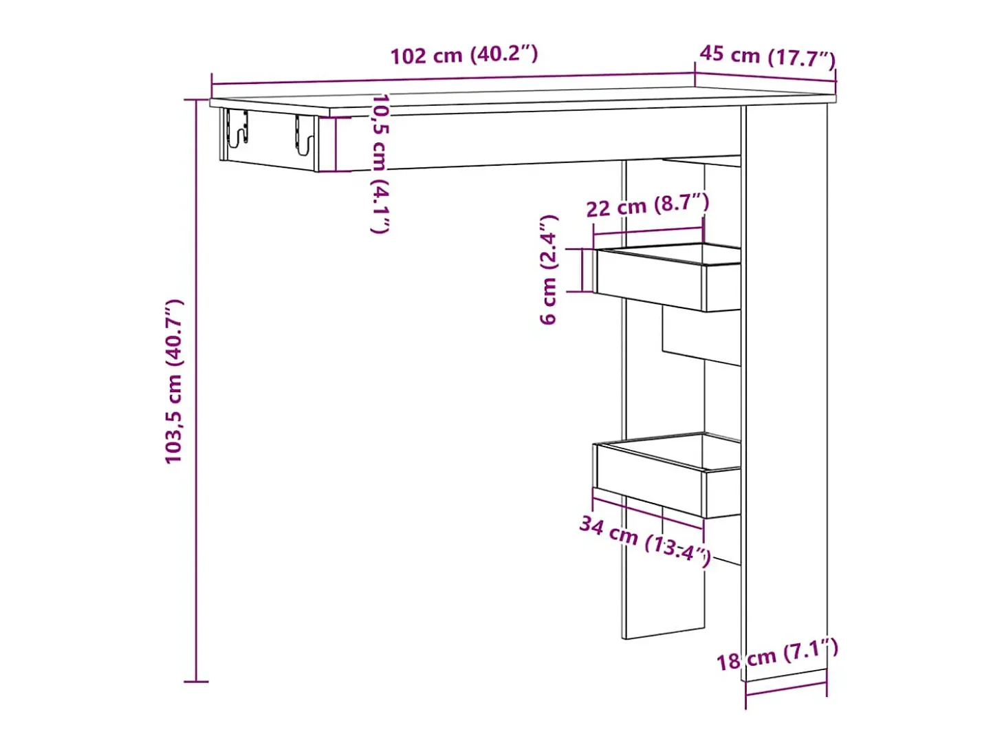 Mesa de bar de pared, roble artesanal, madera de ingeniería.